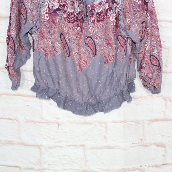 Free People Purple Rayon V-Neck Elastic Waist Peasant Blouse Top Size M - Picture 3 of 9